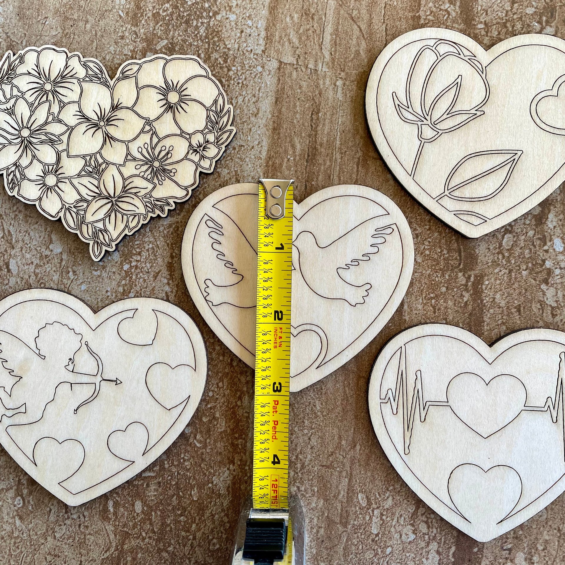 Handmade wooden DIY Valentine heart cutout in five unique styles, ready for paint or decorating