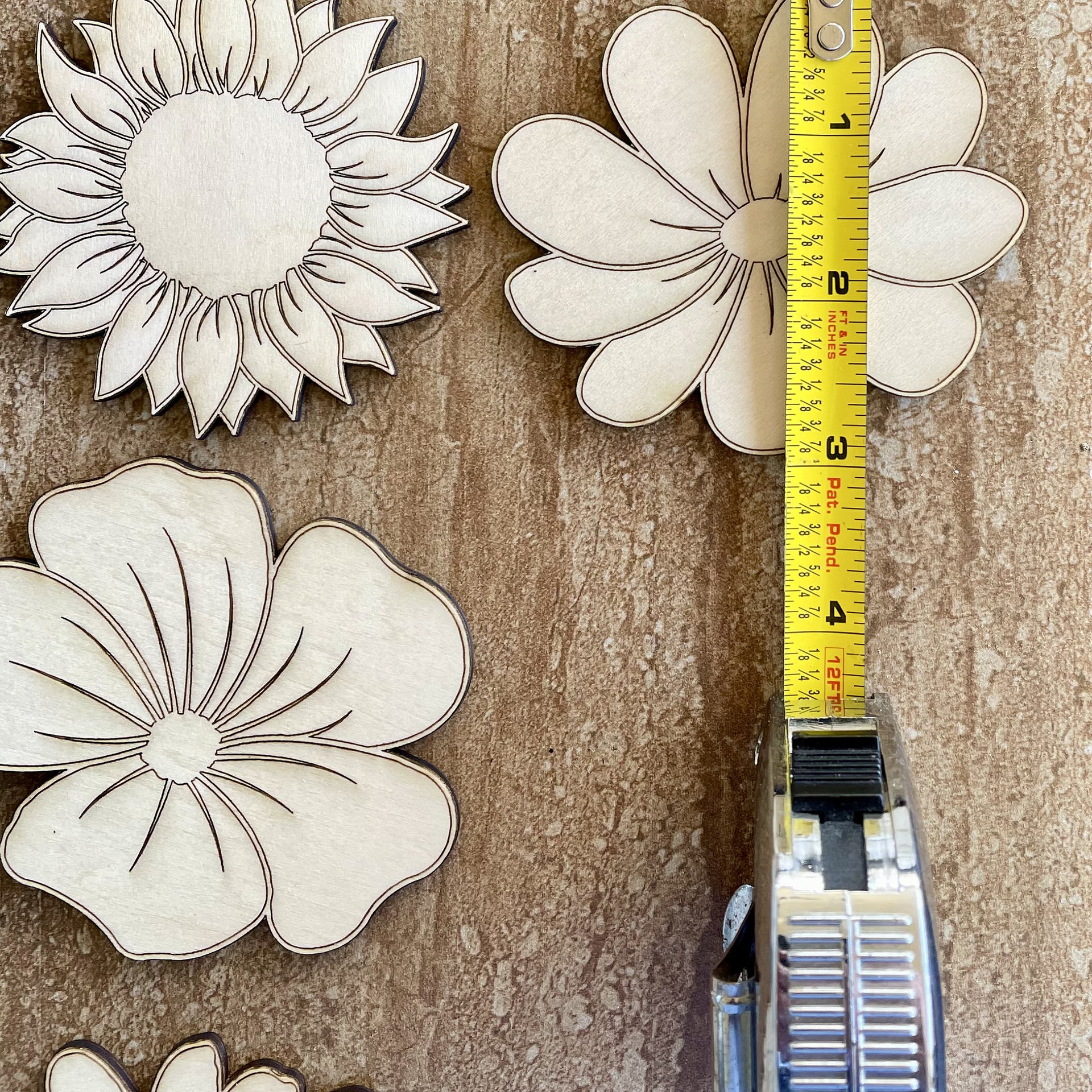 Handmade wooden DIY flower cutout in seven unique styles, ready for paint or decorating