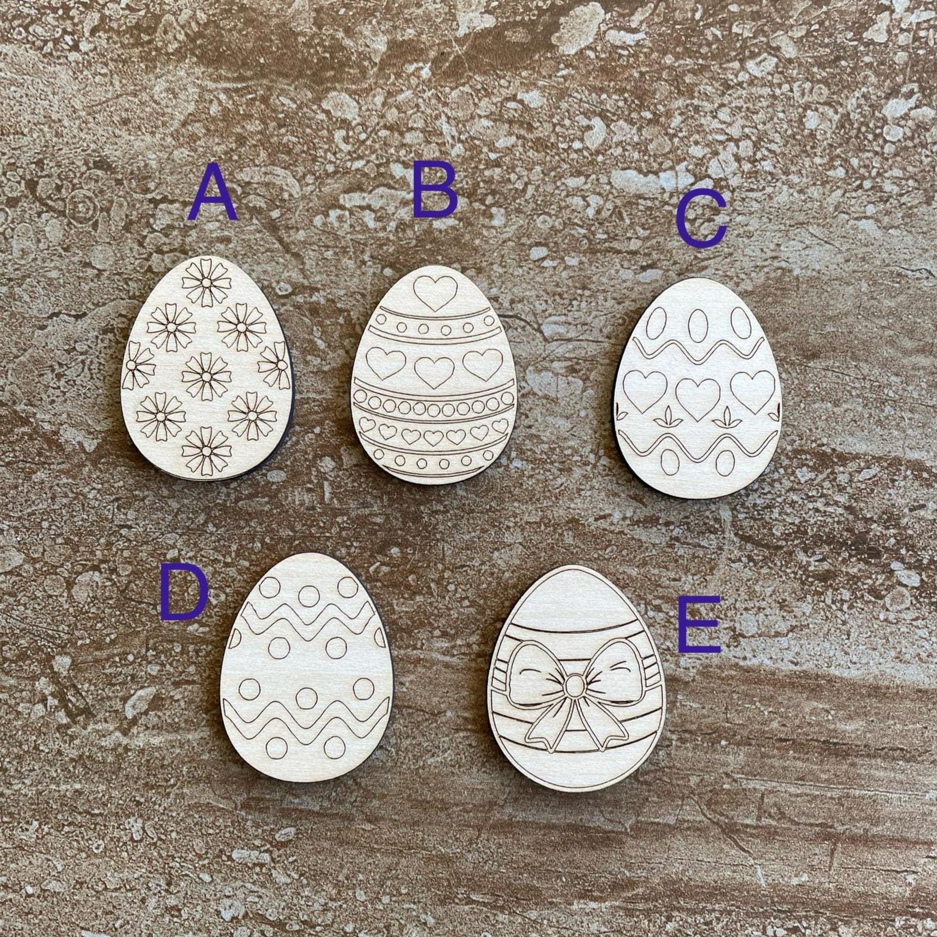 Handmade wooden DIY Easter egg cutout in five unique styles, ready for paint or decorating