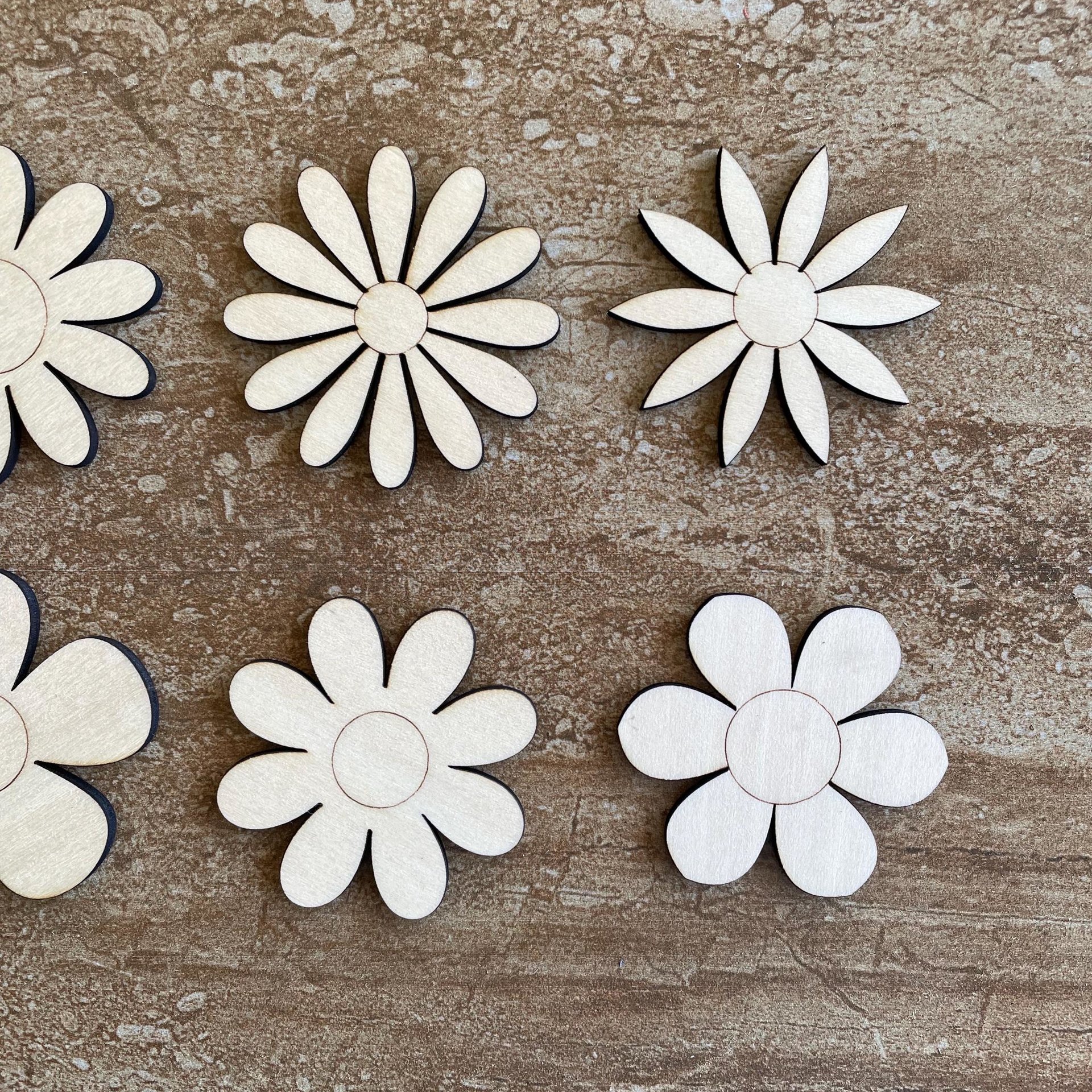 Handmade wooden DIY Daisy flower cutout in six unique styles, ready for paint or decorating