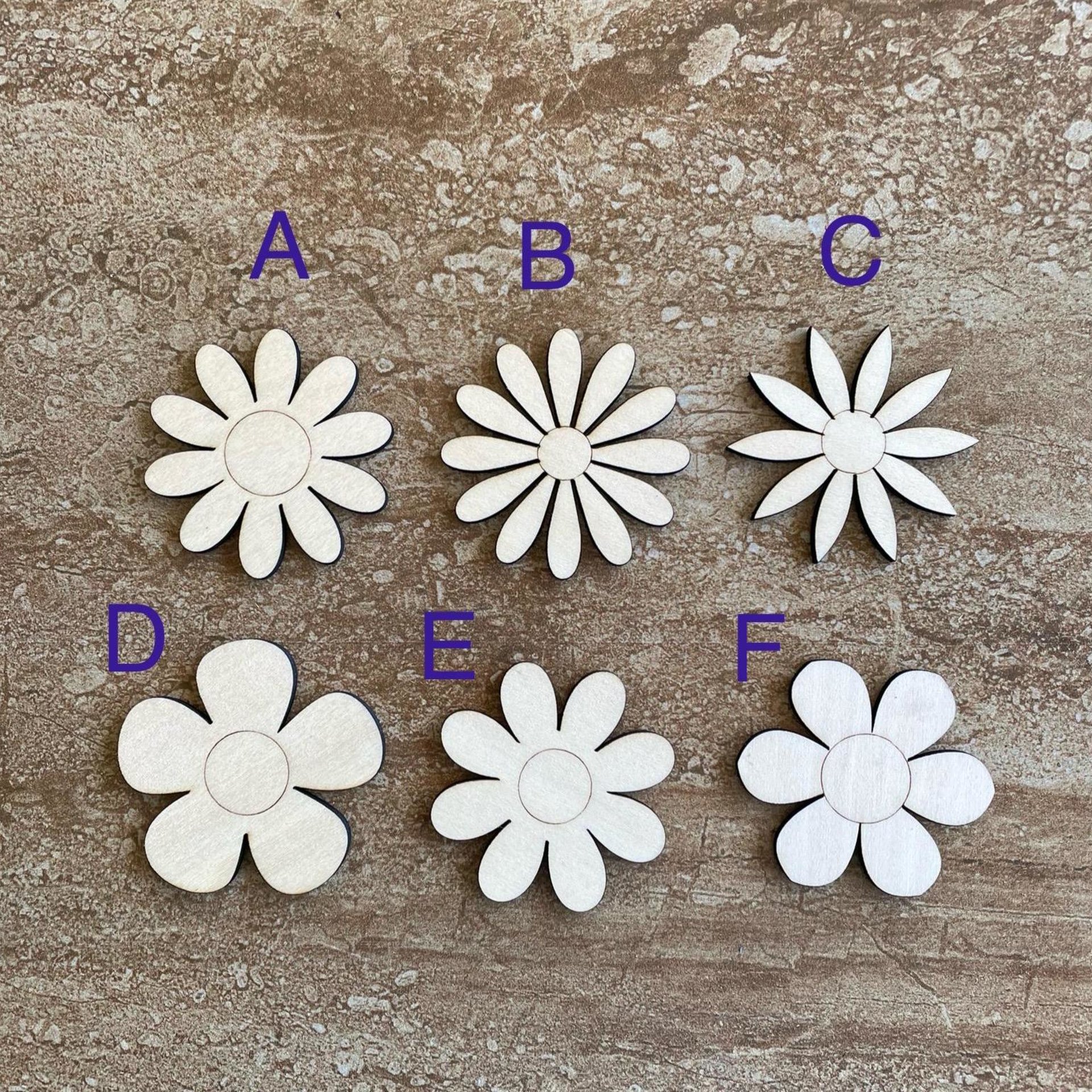 Handmade wooden DIY Daisy flower cutout in six unique styles, ready for paint or decorating