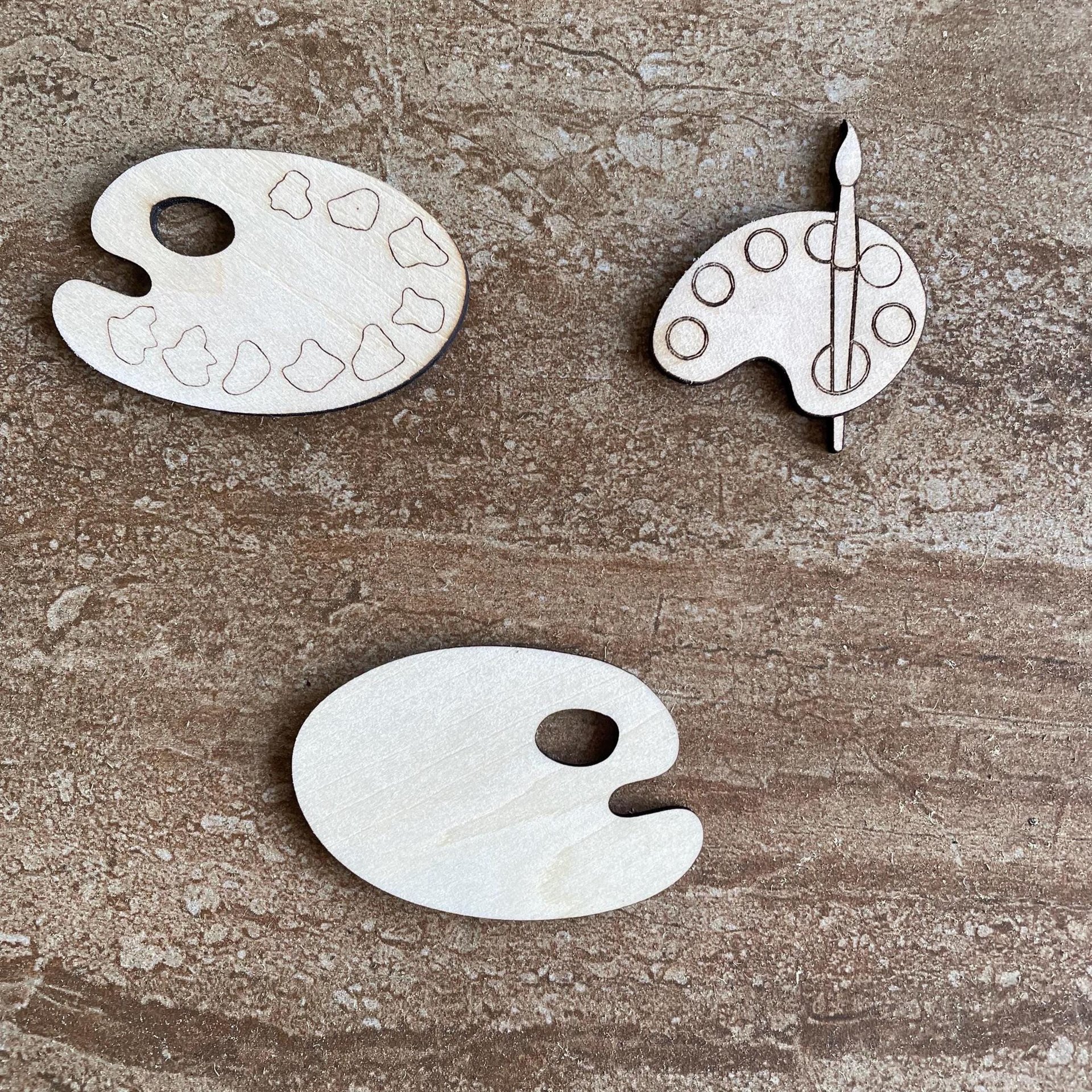 Handmade wooden DIY paint palette cutout in three unique styles, ready for paint or decorating